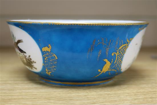 A Sevres style bleu celeste ornithological bowl, diameter 16.5cm